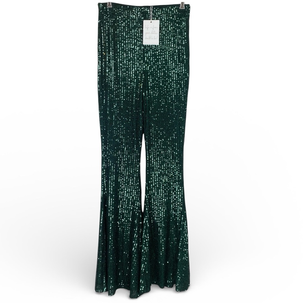 Show Me Your Mumu Mercury Bells pant in Emerald Sequin NWT M